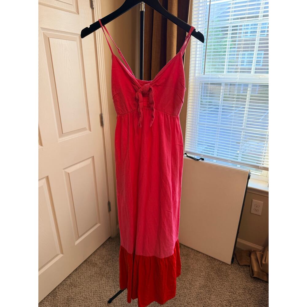 Tabetha Brown Color Block Red and Pink Cotton Blend Summer Dress XXS